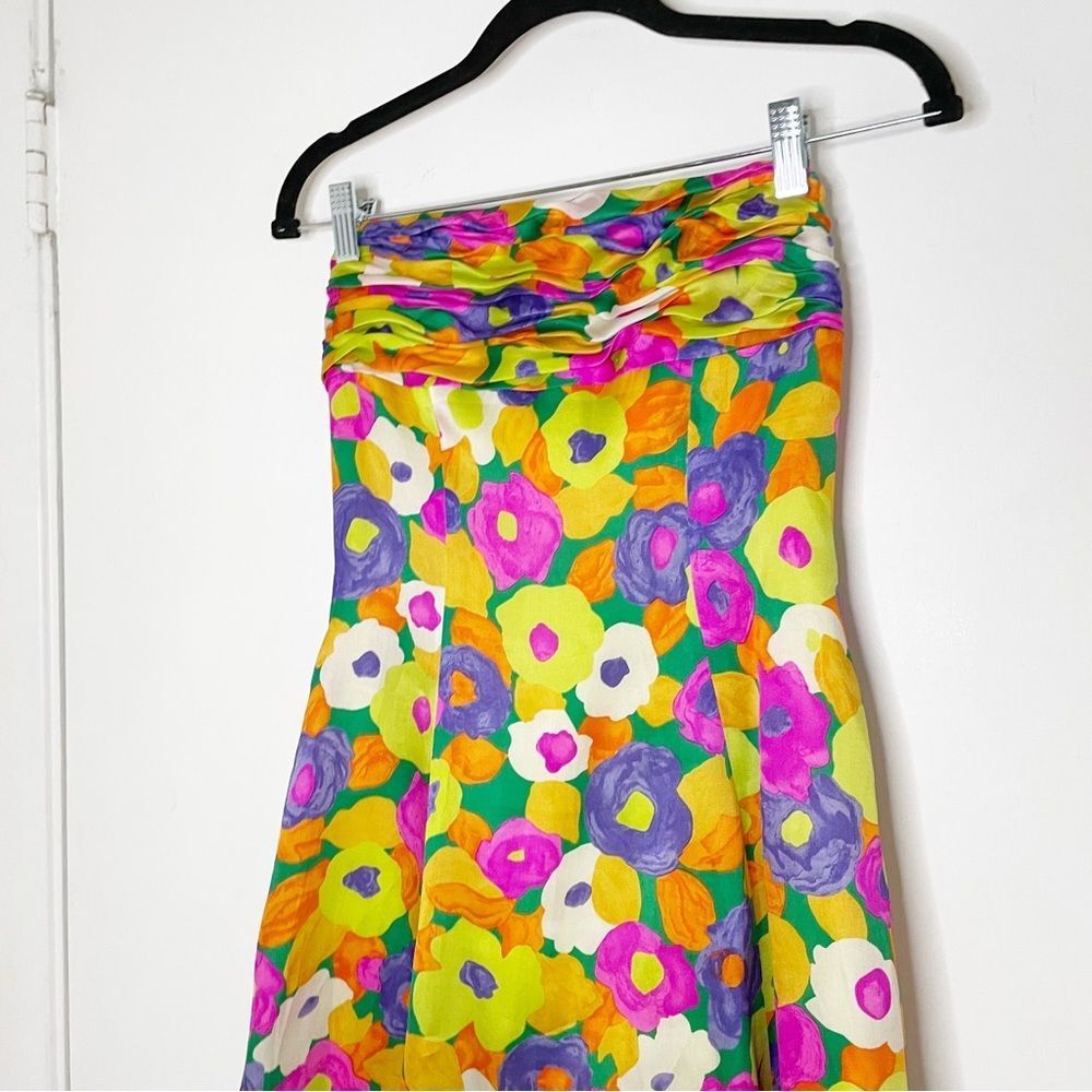 vintage scaasi strapless fit flare mini cocktail dress floral 100% silk 4 bright - Picture 3 of 12